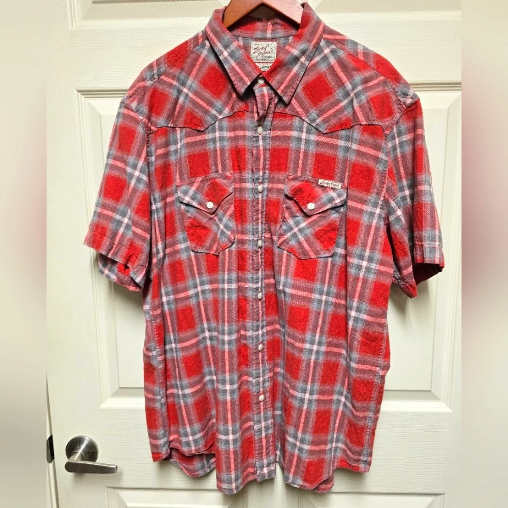 Lucky Brand Shirt Mens 2XL Red Plaid Western Pearl Snap Button Short Sleeve